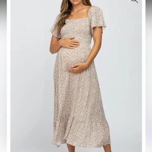 Pink Blush Ivory Floral Smocked Maternity Maxi Dress